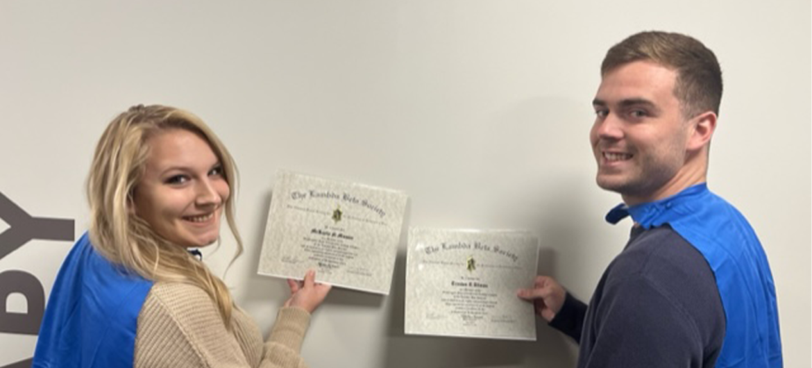 Washington State College of Ohio (WSCO) inducted two members into the Lambda Beta Society, the national honor society for the profession of respiratory care. Makayla Mossor and Trenton Allman are now official members of the chapter